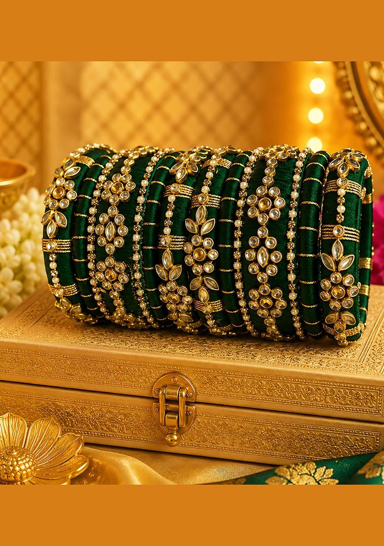 Dark Teal Stone Work Silk Thread Bangle Set - Indya