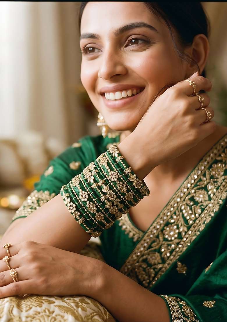 Dark Teal Stone Work Silk Thread Bangle Set - Indya