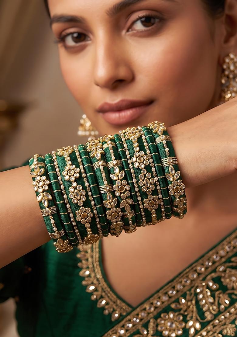 Dark Teal Stone Work Silk Thread Bangle Set - Indya