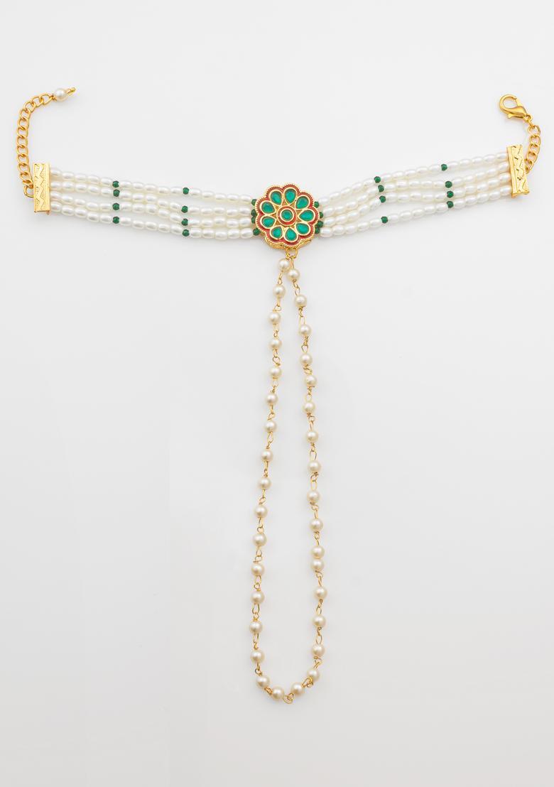Green Kundan Alloy Haath Phool - Indya