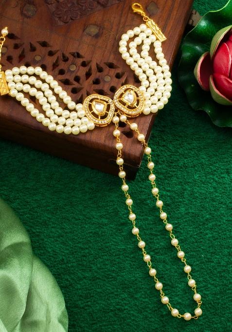White And Golden Brass Alloy And Synthetic Pearls Bangles
