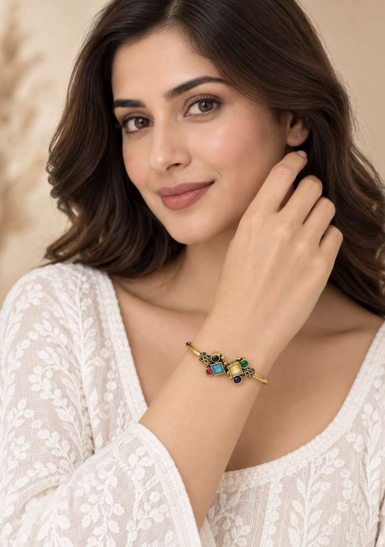 Golden Artificial Stones Alloy Bracelet - Indya