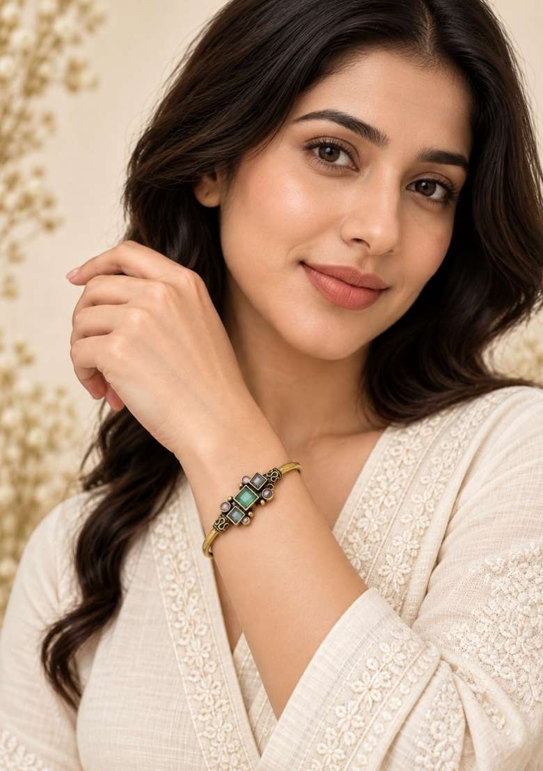 Golden Artificial Stones Alloy Bracelet - Indya