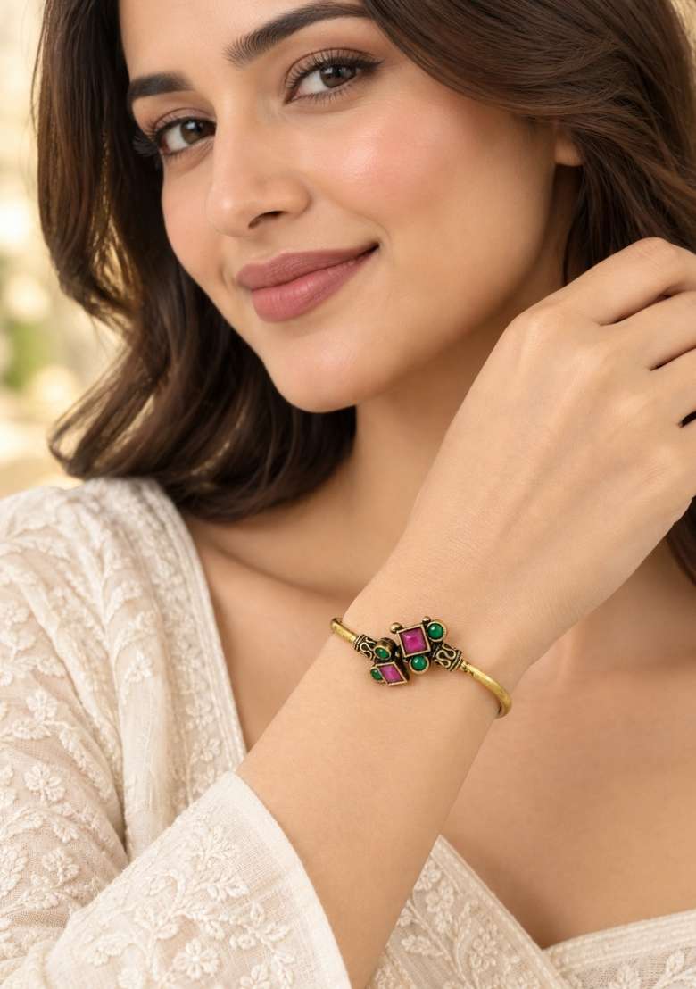 Golden Artificial Stones Alloy Bracelet - Indya