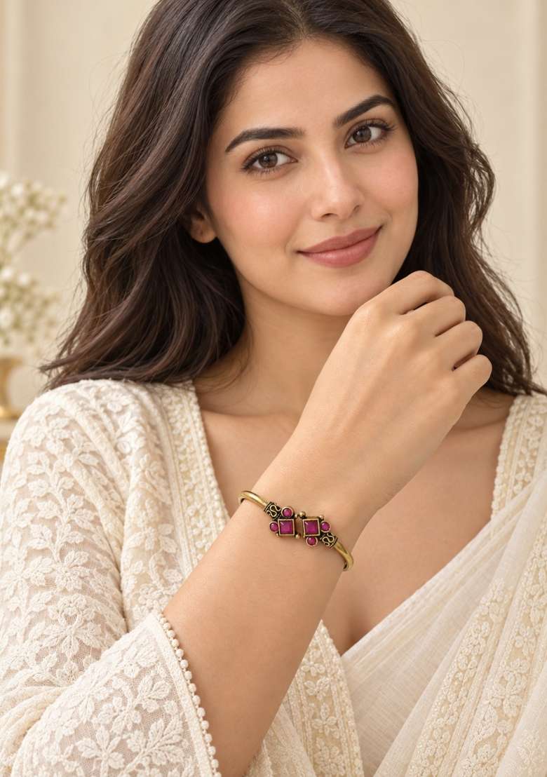 Golden Artificial Stones Alloy Bracelet - Indya