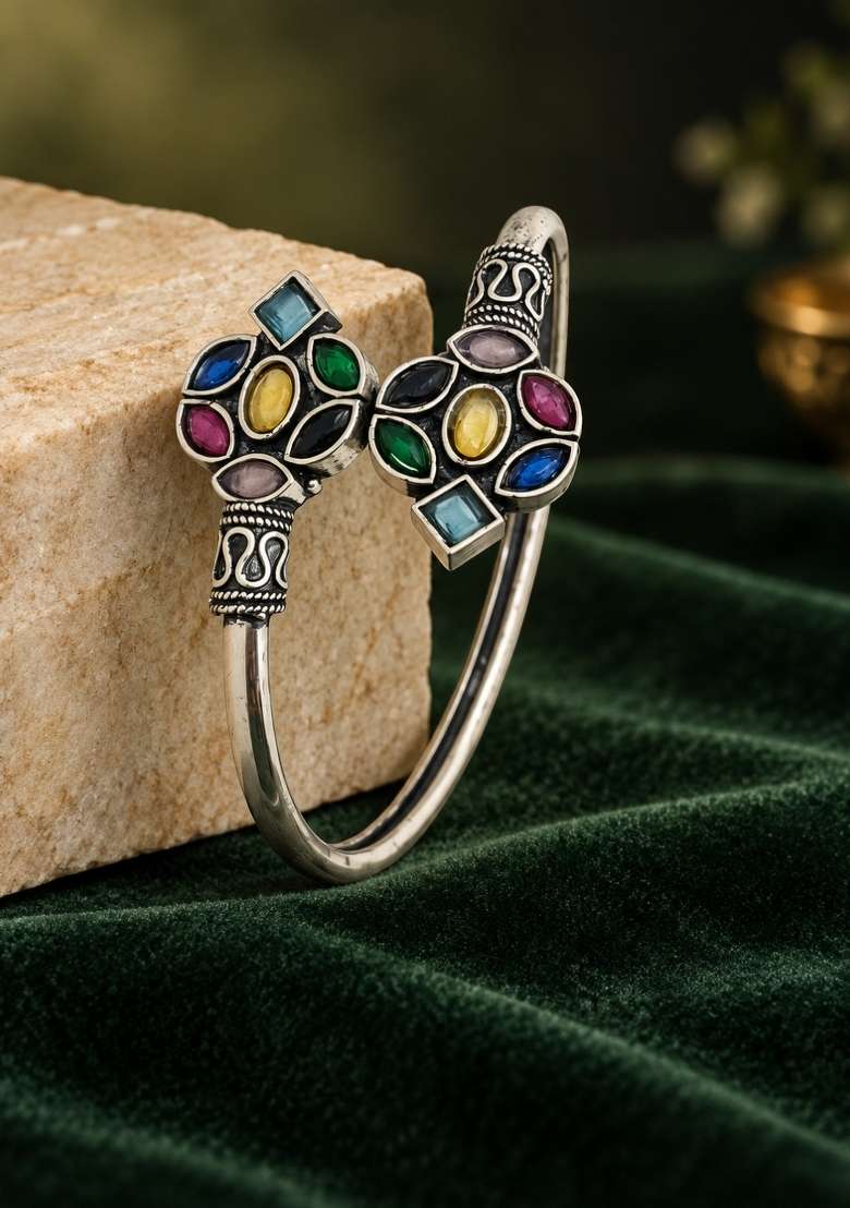 Silver Artificial Stones German Silver Bracelet - Indya