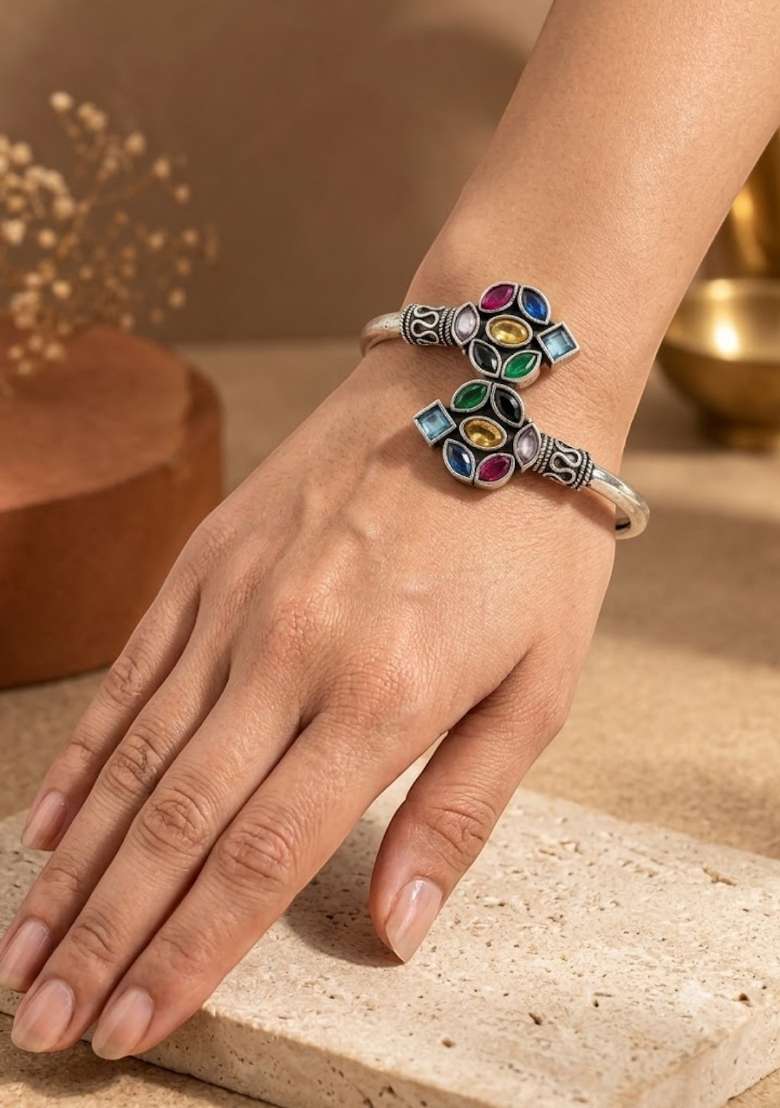 Silver Artificial Stones German Silver Bracelet - Indya