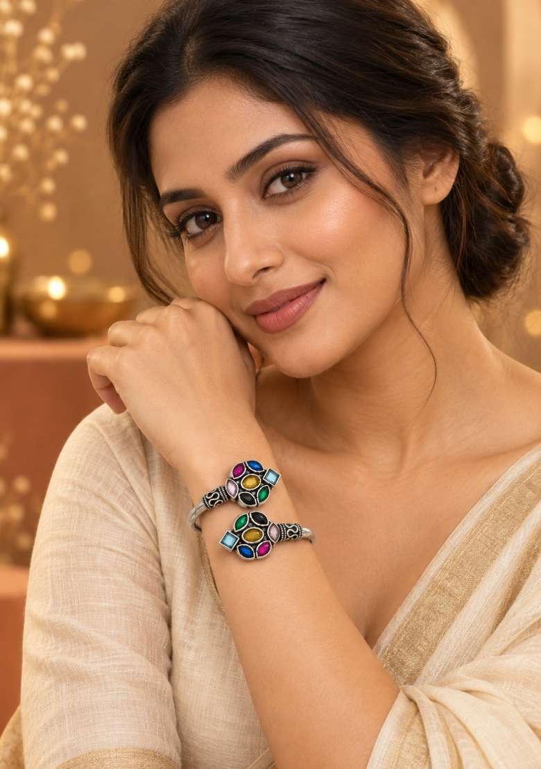 Silver Artificial Stones German Silver Bracelet - Indya