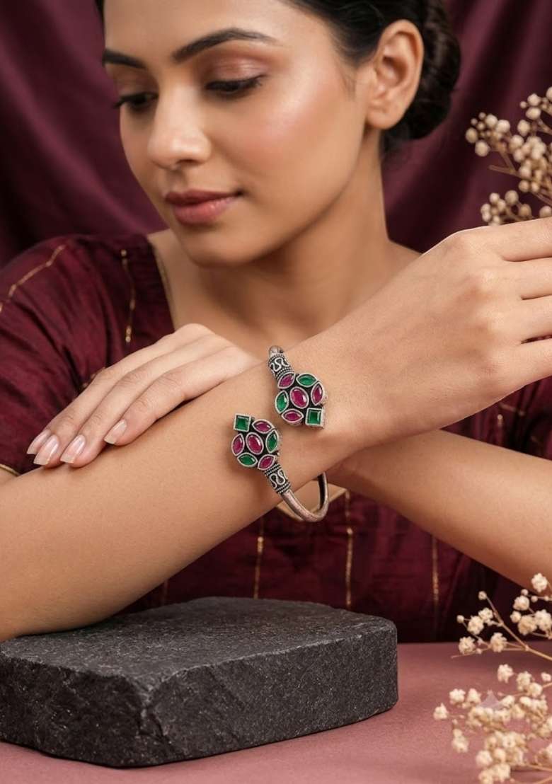 Silver Artificial Stones German Silver Bracelet - Indya