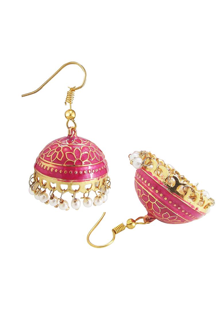 Gold Plated Pink Meenakari Enamelled Pearl Jhumka Earrings