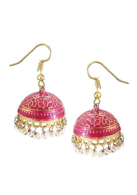 Gold Plated Pink Meenakari Enamelled Pearl Jhumka Earrings