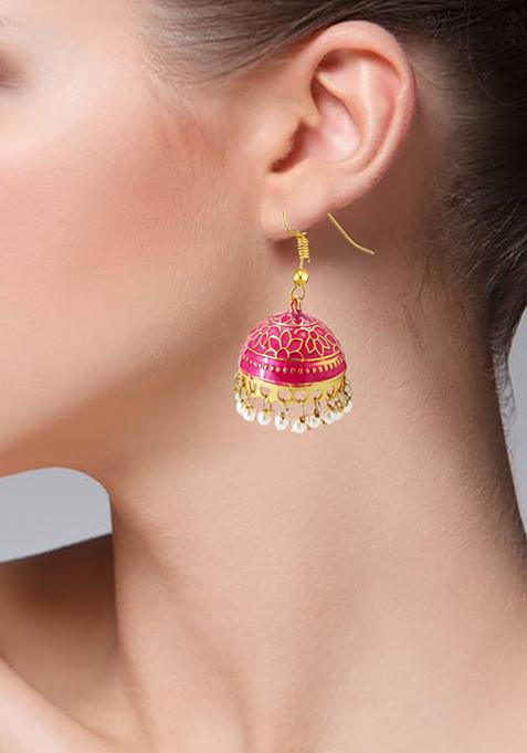 Gold Plated Pink Meenakari Enamelled Pearl Jhumka Earrings