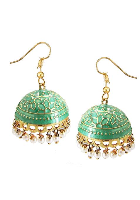 Gold Plated Maroon Meenakari Enamelled Pearl Jhumka Earrings