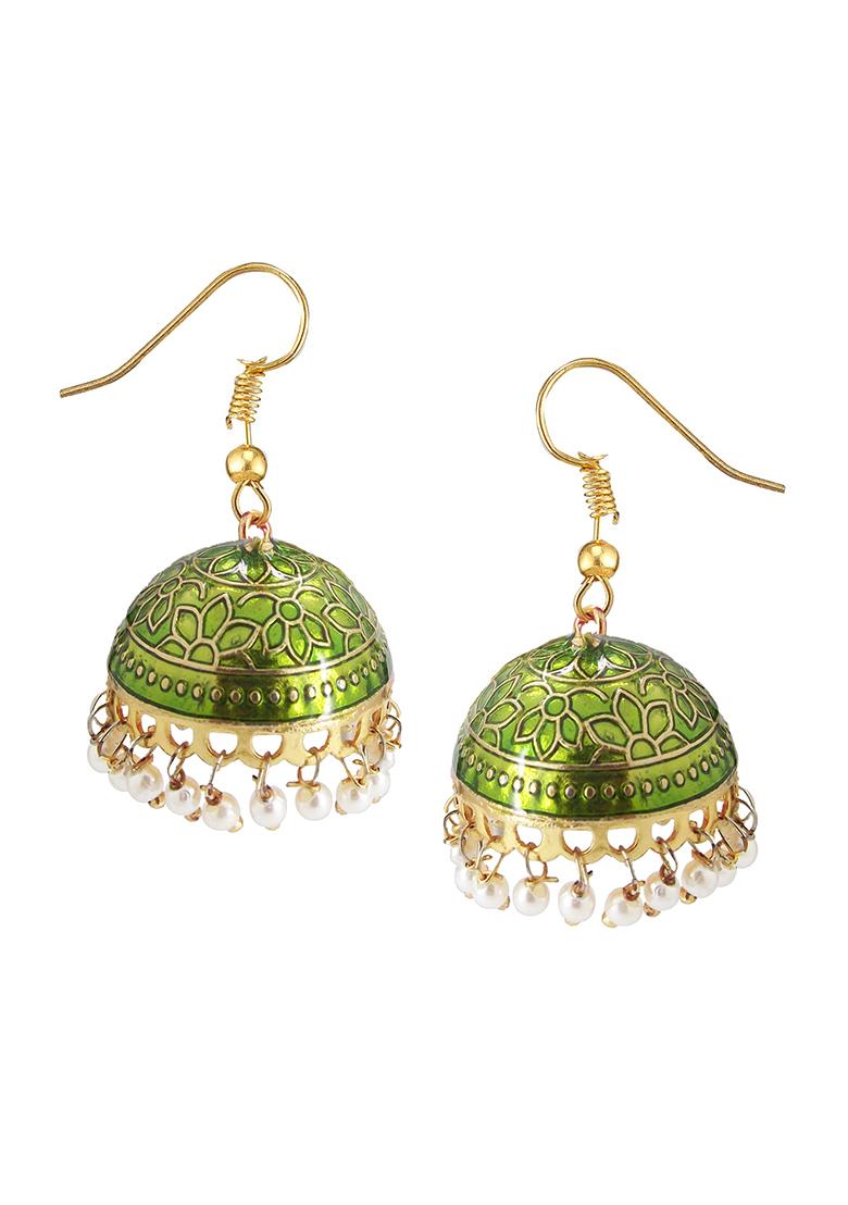 Gold Plated Olive Meenakari Enamelled Pearl Jhumka Earrings