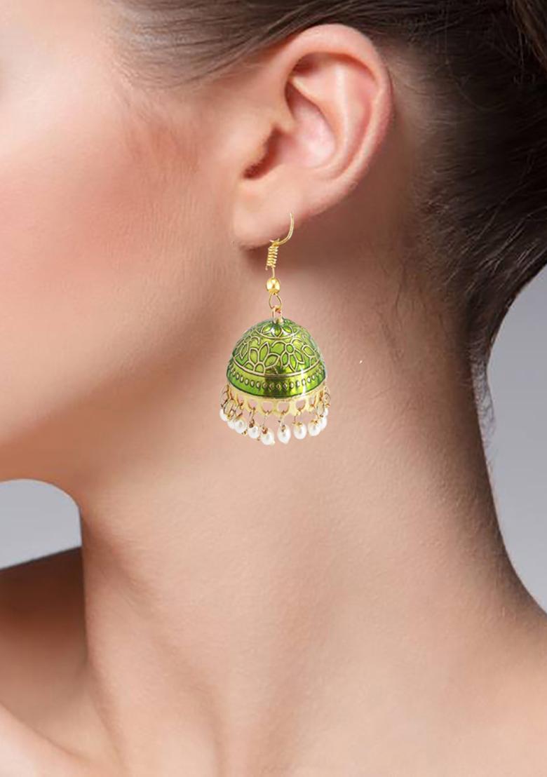 Gold Plated Olive Meenakari Enamelled Pearl Jhumka Earrings - Indya