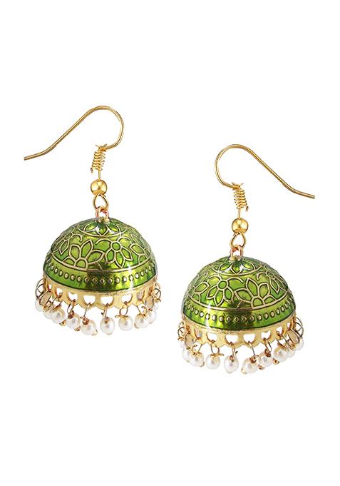 Gold Plated Olive Meenakari Enamelled Pearl Jhumka Earrings