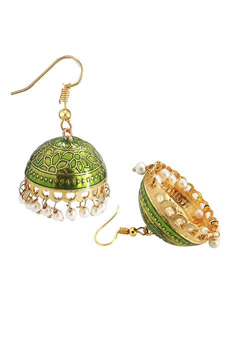 Gold Plated Olive Meenakari Enamelled Pearl Jhumka Earrings