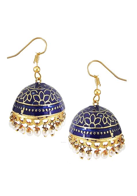 Gold Plated Navy Blue Meenakari Enamelled Pearl Jhumka Earrings