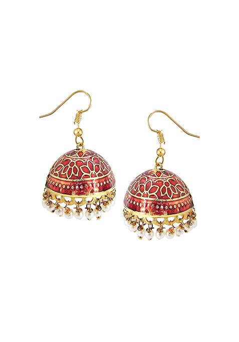 Gold Plated Maroon Meenakari Enamelled Pearl Jhumka Earrings