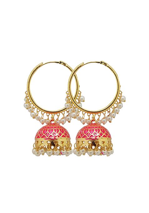 Gold Plated Pearl Pink Meenakari Jhumka Earring