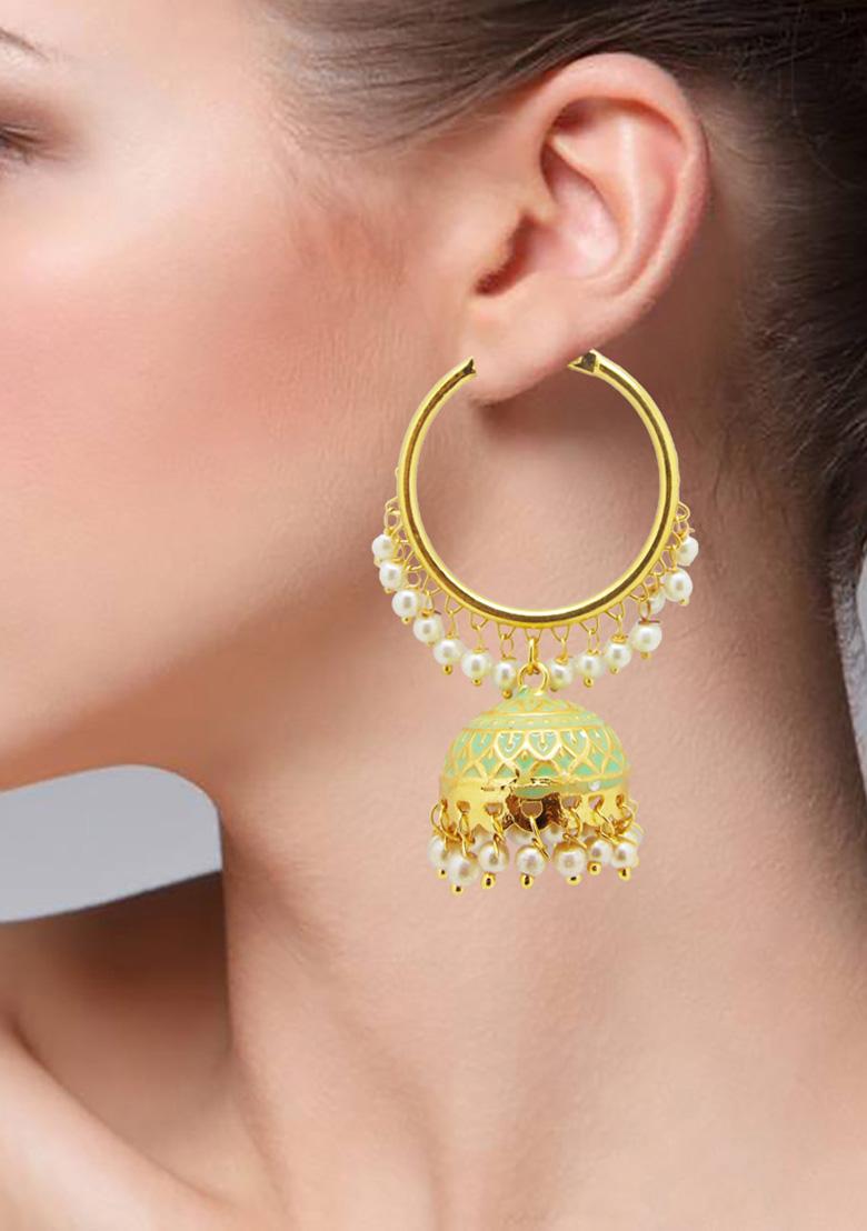 Gold Plated Light Green Enamelled Pearl Hoop Jhumka Earrings