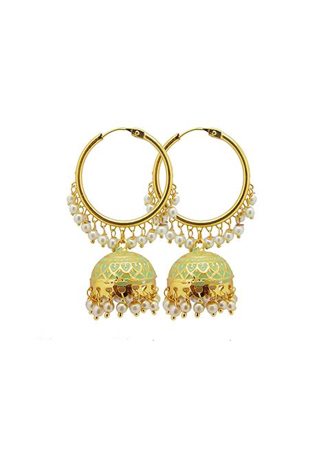 Gold Plated Light Green Enamelled Pearl Hoop Jhumka Earrings