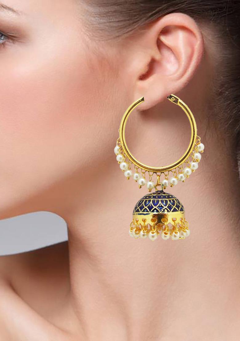 Gold Plated Navy Blue Enamelled Pearl Hoop Jhumka Earrings