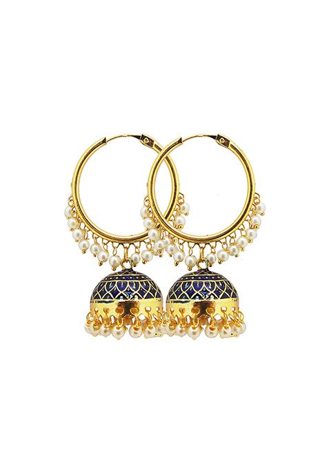 Gold Plated Navy Blue Enamelled Pearl Hoop Jhumka Earrings