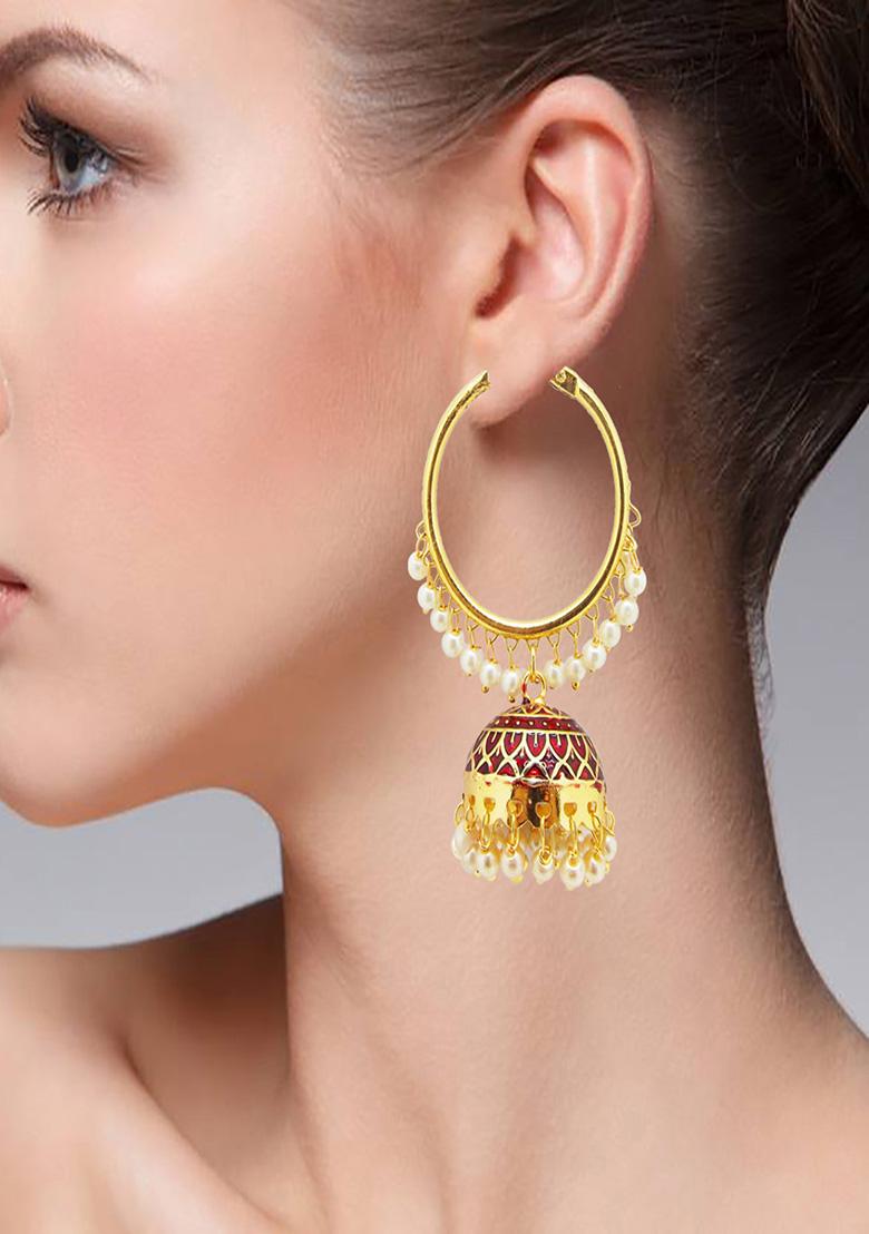 Gold Plated Maroon Enamelled Pearl Hoop Jhumka Earrings