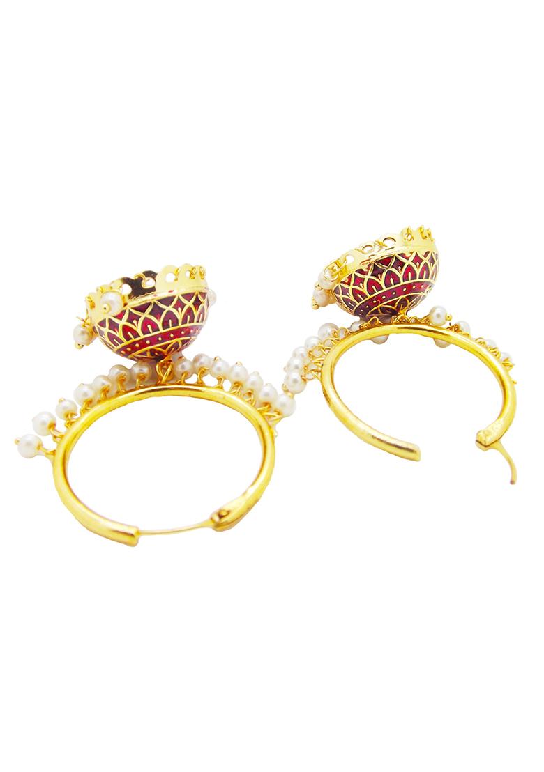 Gold Plated Maroon Enamelled Pearl Hoop Jhumka Earrings