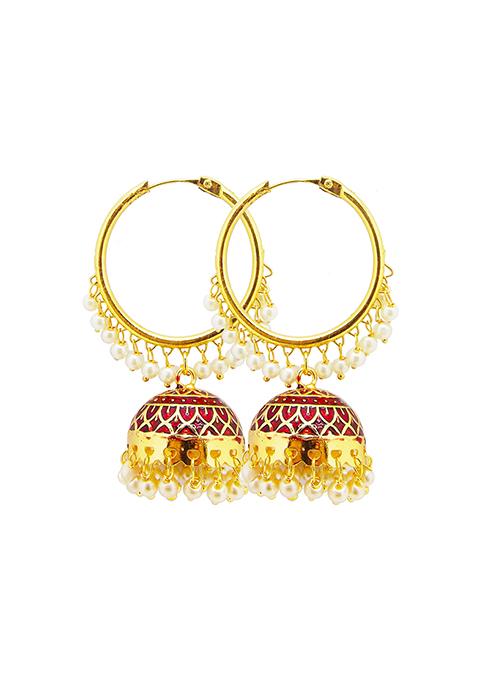 Gold Plated Maroon Enamelled Pearl Hoop Jhumka Earrings