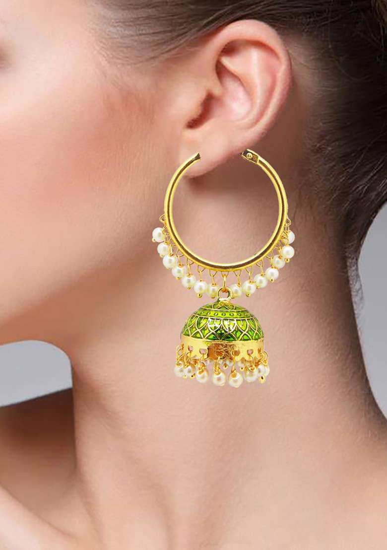 Gold Plated Green Enamelled Pearl Hoop Jhumka Earrings - Indya