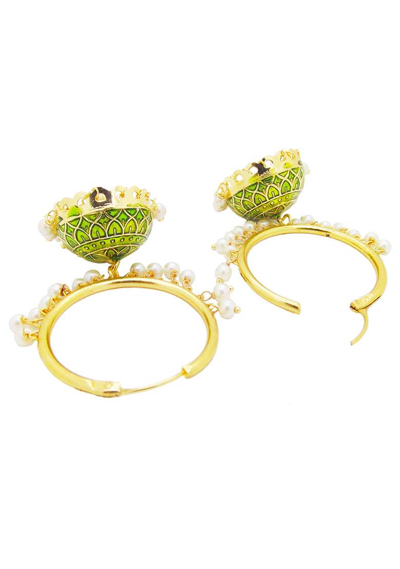 Gold Plated Green Enamelled Pearl Hoop Jhumka Earrings - Indya