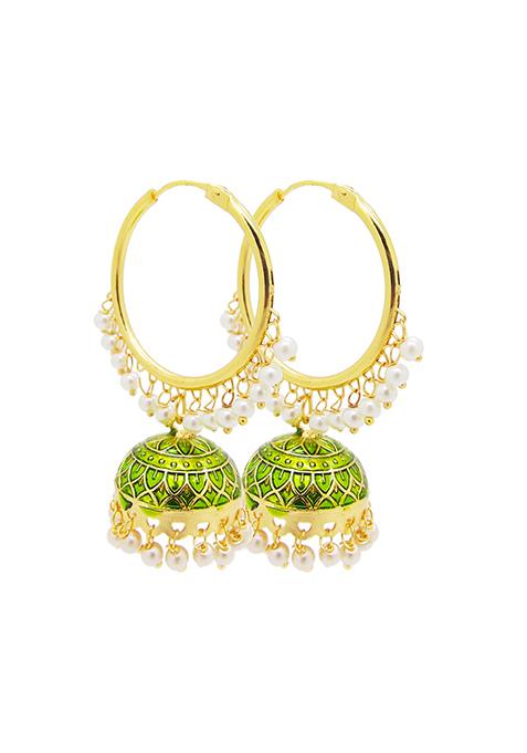 Gold Plated Green Enamelled Pearl Hoop Jhumka Earrings