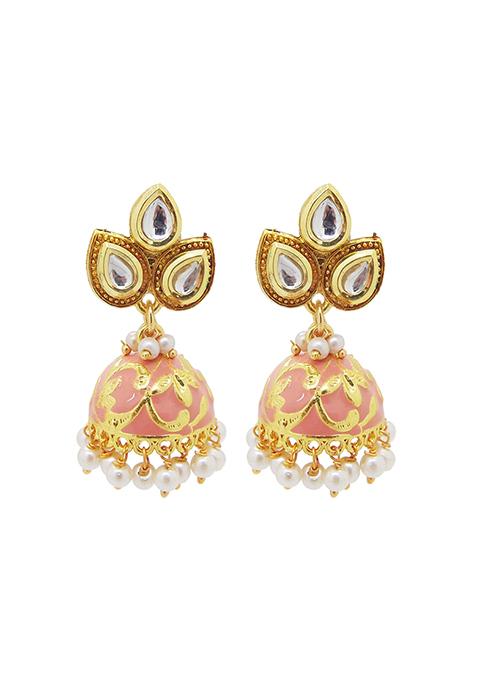 Gold Plated Peach Kundan Enamelled Pearl Jhumka Earrings