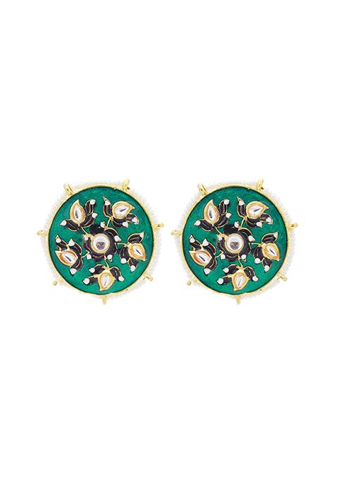 Gold Plated Meenakari Green Big Round Stud Earrings