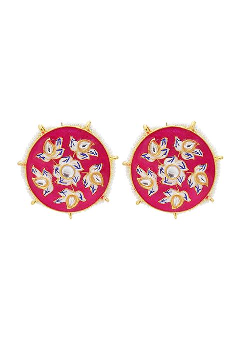 Gold Plated Meenakari Pink Big Round Stud Earrings