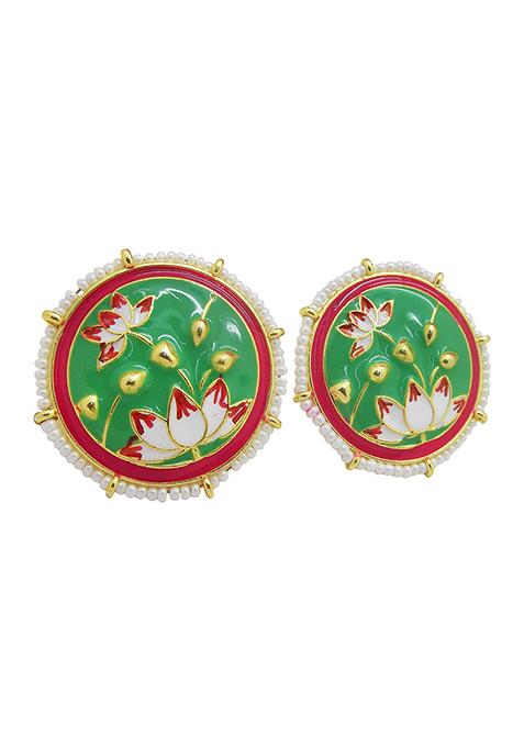 Gold Plated Light Green Meenakari Lotus Big Round Stud Earrings