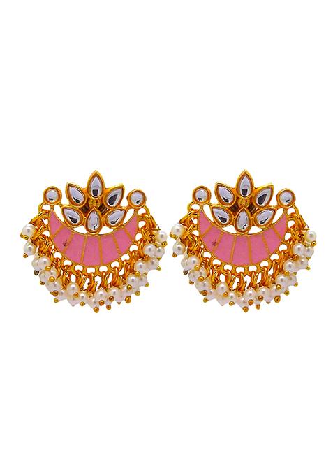 Gold Plated Pink Meenakari Bead Chandbali Earrings