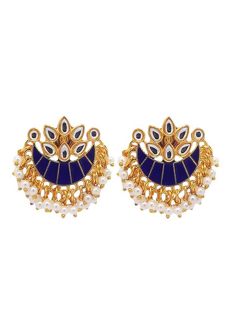 Gold Plated Dark Blue Meenakari Bead Chandbali Earrings