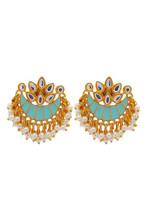 Gold Plated Light Blue Meenakari Bead Chandbali Earrings