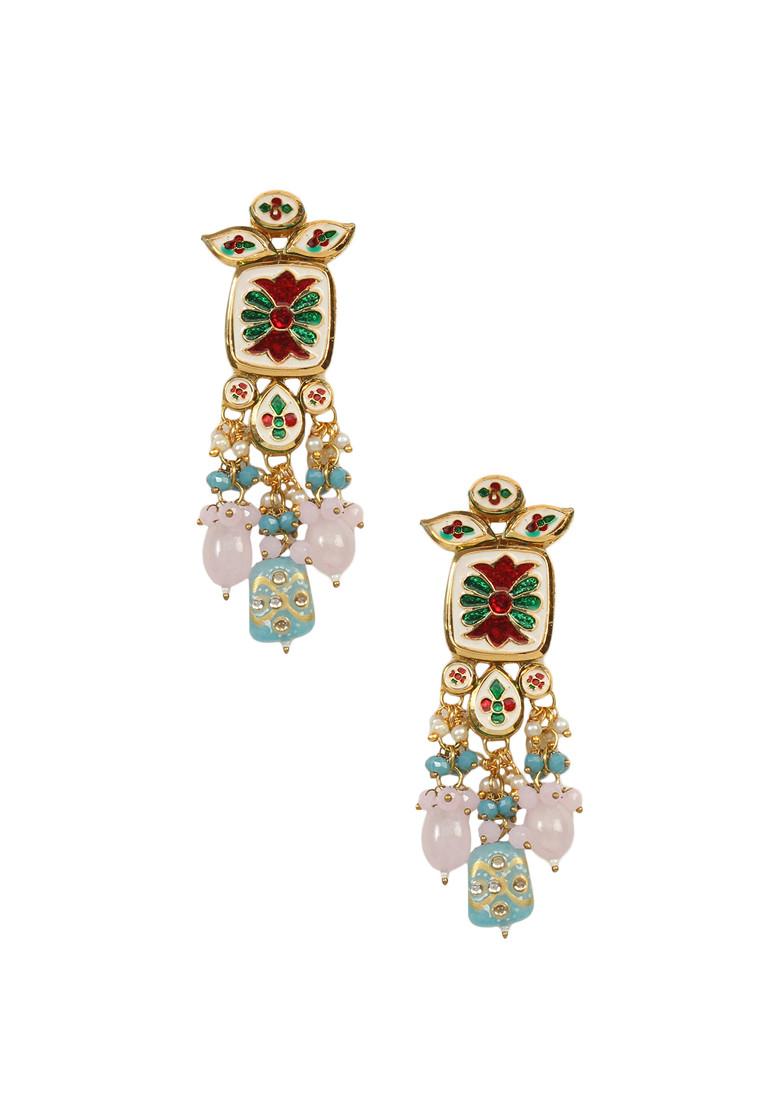 Pastel Blue And Pink Bead Handcrafted Kundan Earrings - Indya