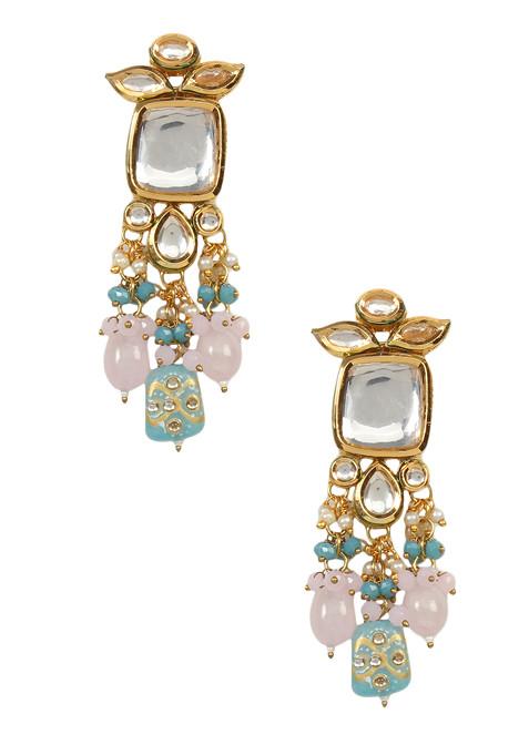 Pastel Blue And Pink Bead Handcrafted Kundan Earrings