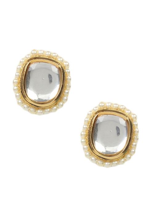 Silver Pearl Bead Kundan Stud Earrings