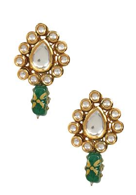 Gold Tone Green Bead Kundan Earrings