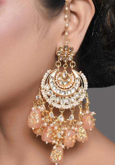 Peach Gold Tone Kundan Chandbali Earrings