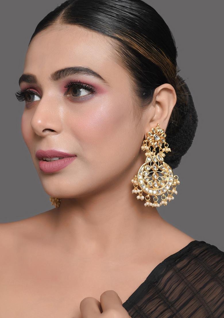 Gold Tone Kundan Crescent Shaped Earrings - Indya