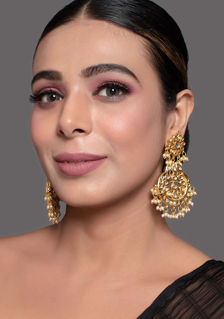 Gold Tone Kundan Crescent Shaped Earrings - Indya