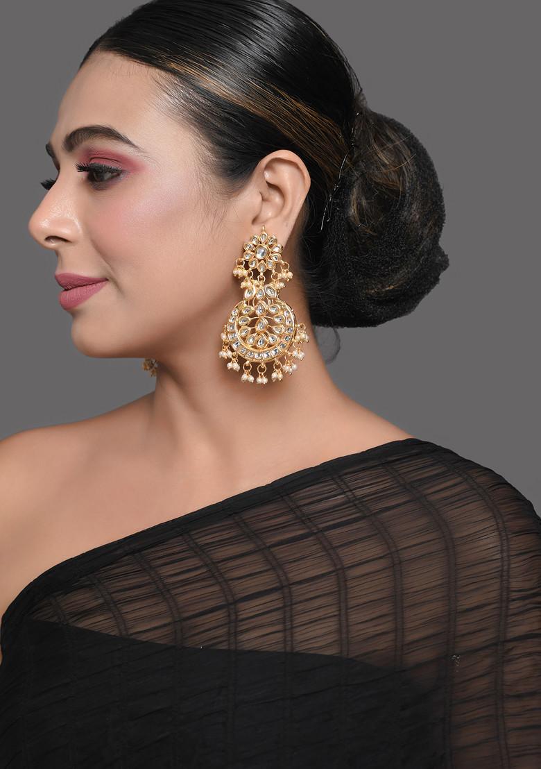 Gold Tone Kundan Crescent Shaped Earrings - Indya