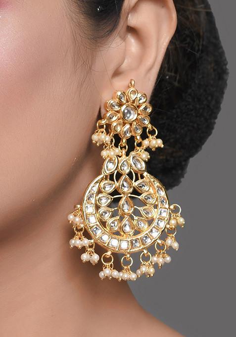 Gold Tone Kundan Crescent Shaped Earrings